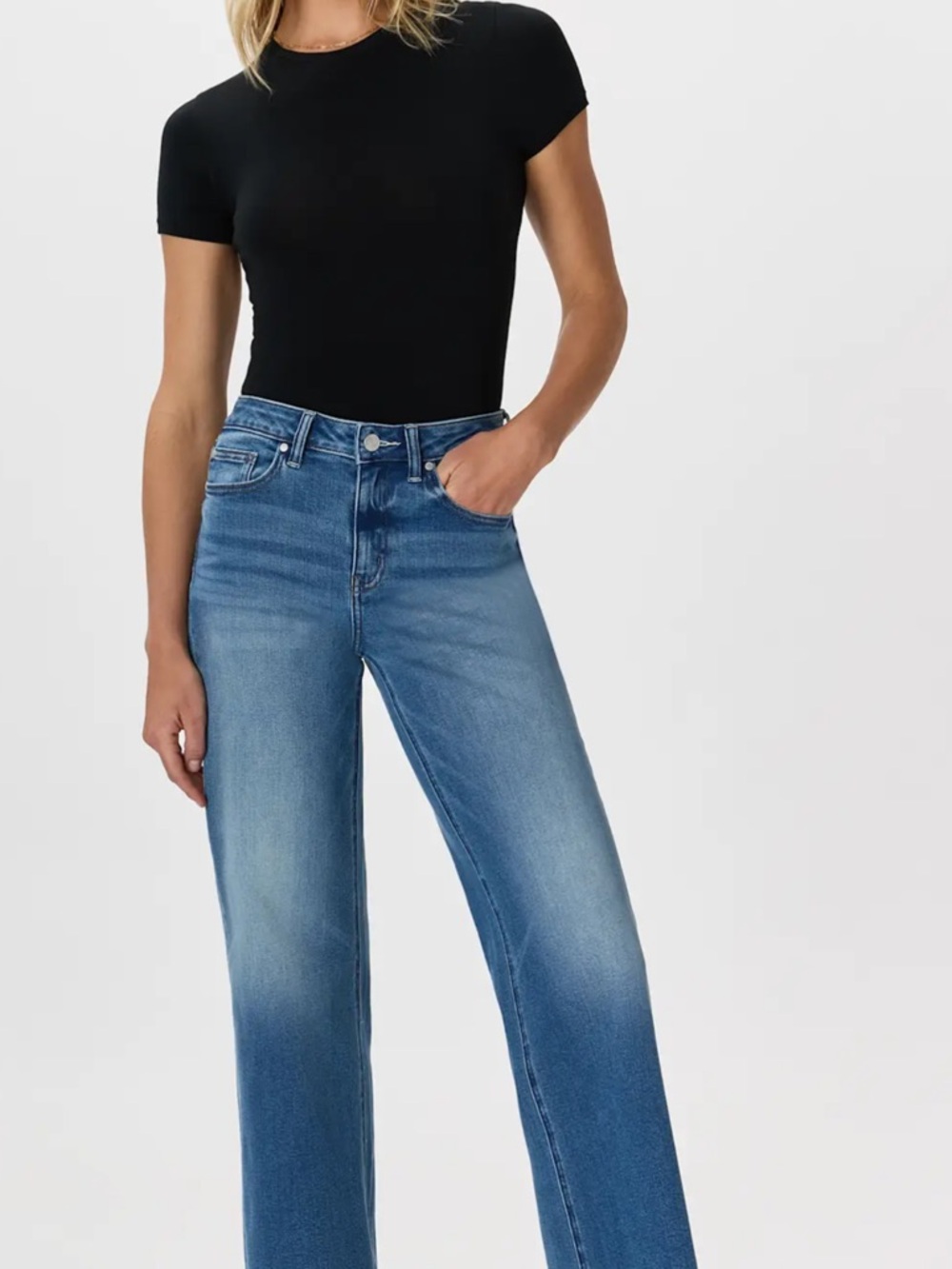 Quince Bella Stretch Wide-Leg Jeans in Medium Blue Wash with raw hem